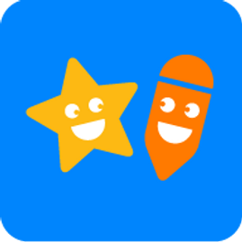 DoodleSpell Icon; a blue circle containing a smiling yellow star next to an orange smiling pencil symbol