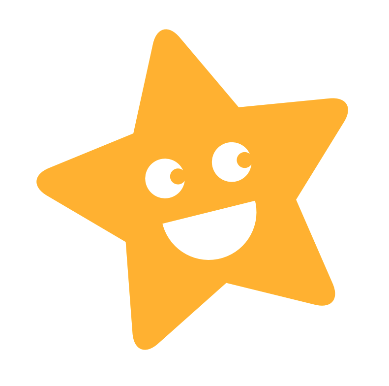 The Doodle Star; a yellow star with two white eyes and a smiling white mouth
