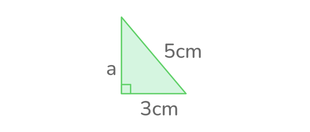 a green right triangle demonstrating how to solve for the shorter side of the triangle using the pythagorean theorem