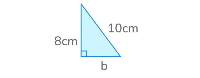 a blue right triangle demonstrating how to solve for the shorter side of the triangle using the pythagorean theorem