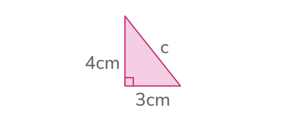 a pink right triangle demonstrating how to solve for the hypotenuse using the pythagorean theorem