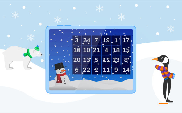 An electronic tablet, showing the numbers 1 to 24 to depict a calendar, upon a backdrop of snow and falling snowflakes, with a polar bear and penguin looking at the tablet
