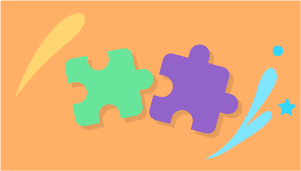 A green piece of jigsaw puzzle next to a purple piece of jigsaw puzzle, on an orange backdrop