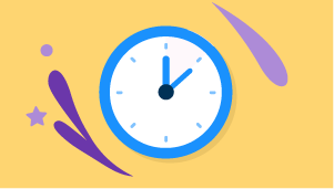 A blue analogue clock, showing the time 1 o'clock, with purple swirls around it upon an orange backdrop
