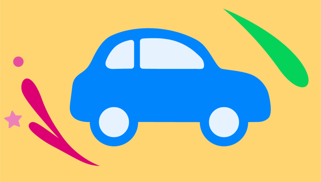 Blue car icon on an orange background, surrounded by Doodle swirls
