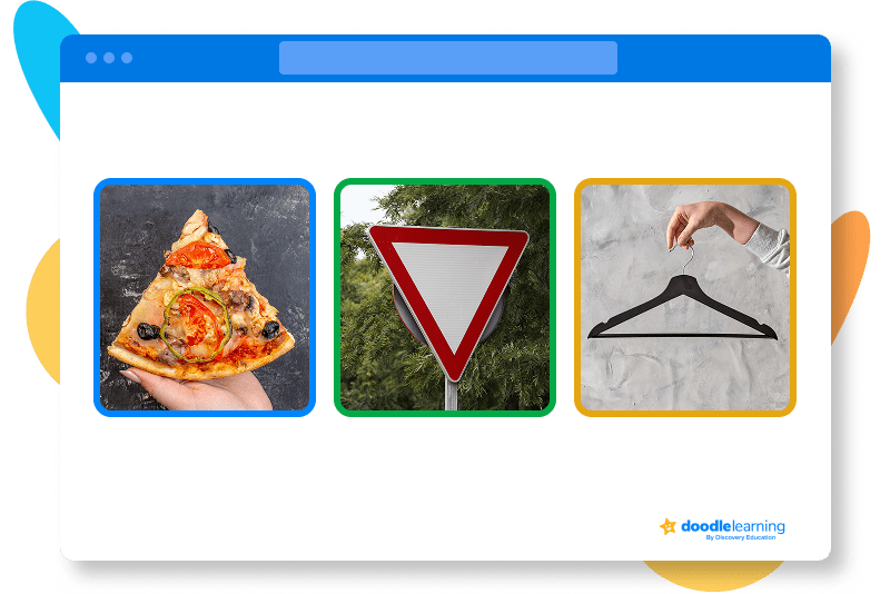 a slice of pizza, a road sign, and a hanger