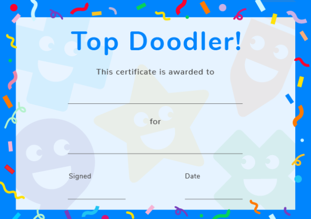 The Top Doodler certificate, with Top Doodler text and blank spaces to fill in names and dates to the awardee of the certificate