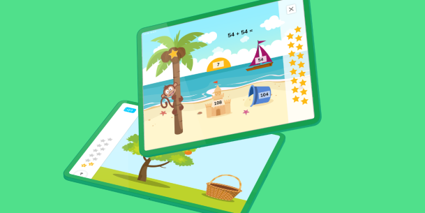 Website-Homepage-LearningWithDoodle-FunFeatures Two tablets upon a green backdrop, with the tablets showing questions from DoodleMaths