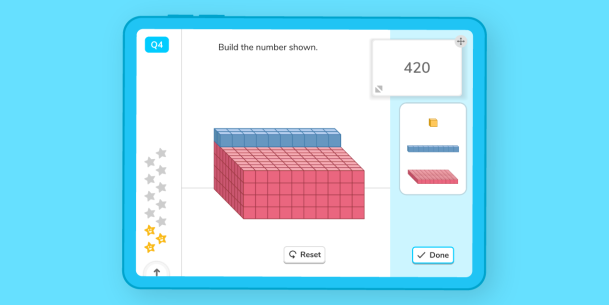 A tablet showing a question from DoodleMath, which is asking the user to build the number 420 using a selection of 3D bricks